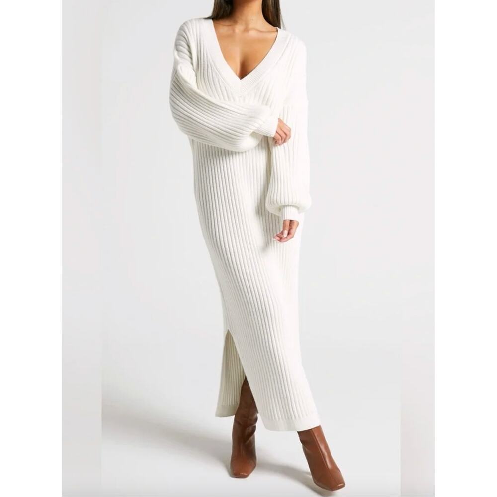 Showpo Cream White Sweater Midi Dress Size 2 Cable Knit Chunky V Neck Boho